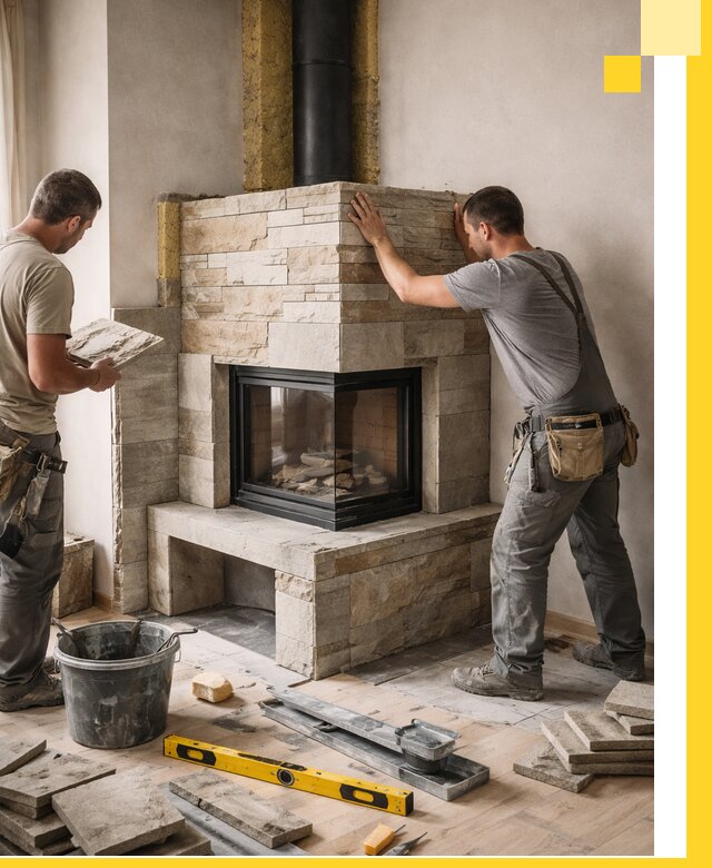 Угловые камины под ключ проект, монтаж и отделка в Щекине