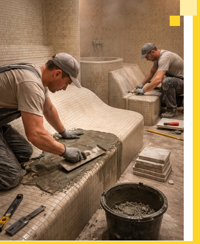 Лежаки для хамама под ключ в Щекине, проект и монтаж